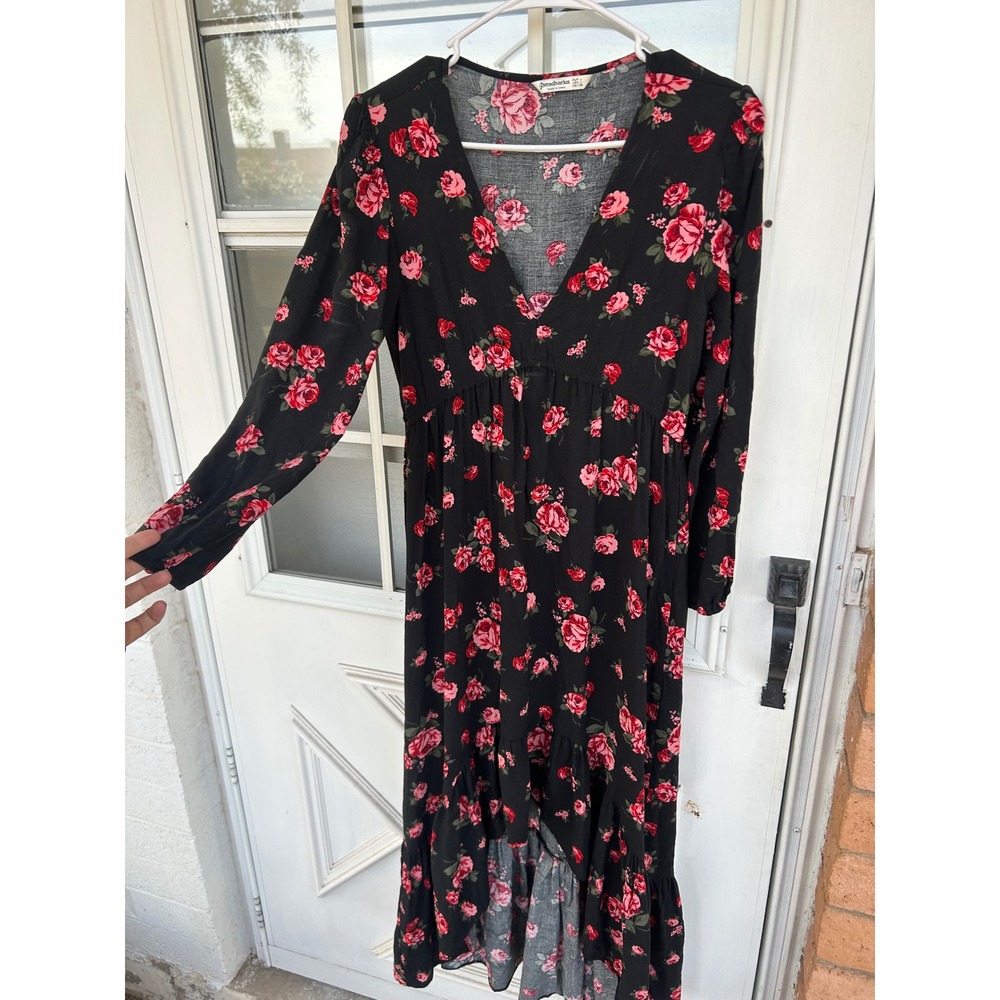 Stradivarius Womens Red Rose Floral V-Neck High-Low Midi Dress L Dark Romantic - Picture 2 of 10